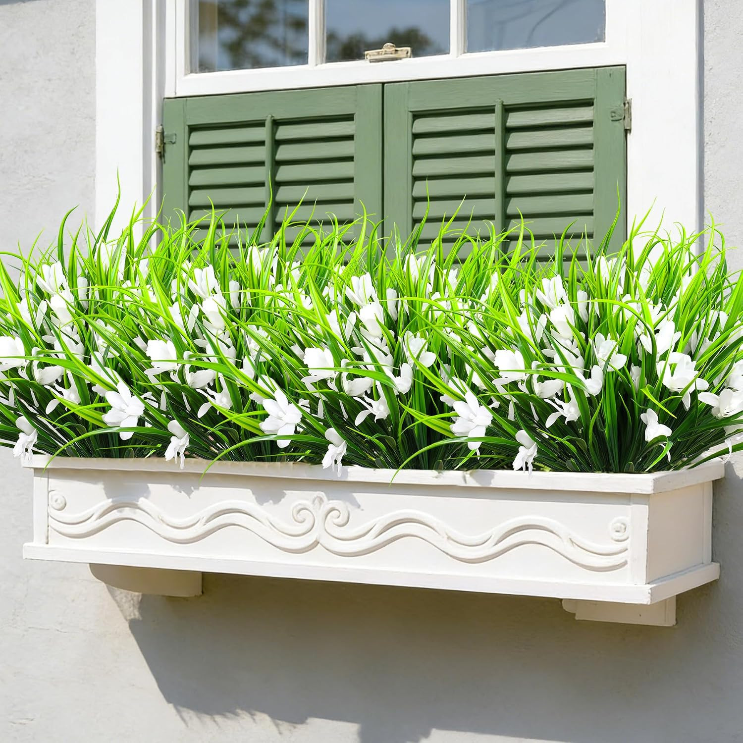16 Bundles UV Resistant Fake Monkey Grass Flowers for Outdoor Planters, White