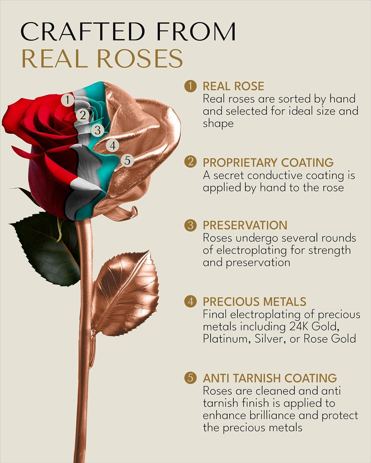 Real Rose Dipped in Rose Gold, Handcrafted Preserved Rose in Luxury Gold Gift Bo