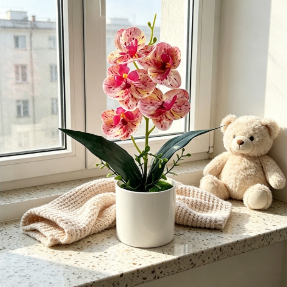 5 Flower Artificial Phalaenopsis Orchid Potted Plant for Wedding Home Decor