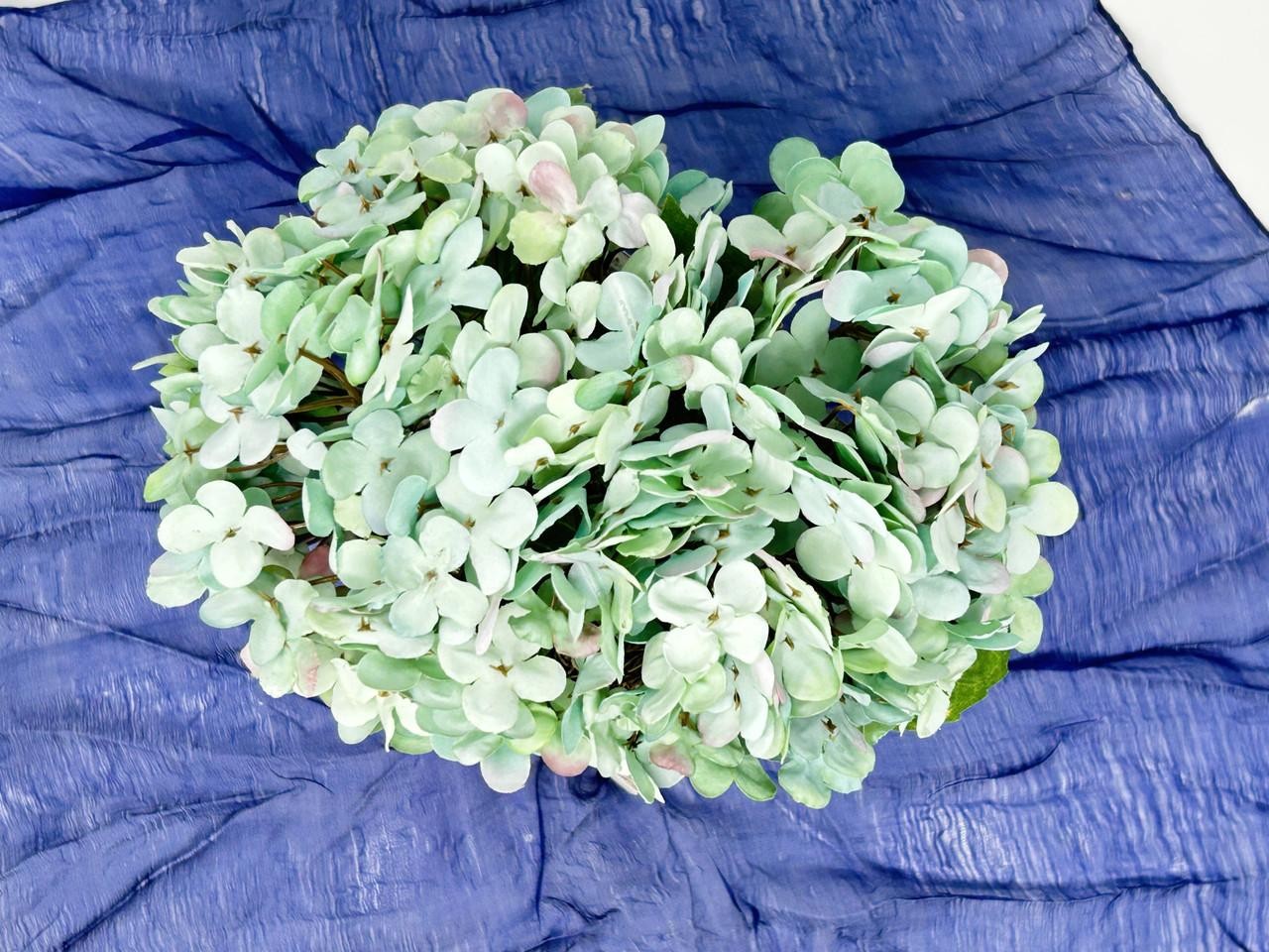 7″ Artificial BLUE-GREEN HYDRANGEA faux Silk flower in white washed box