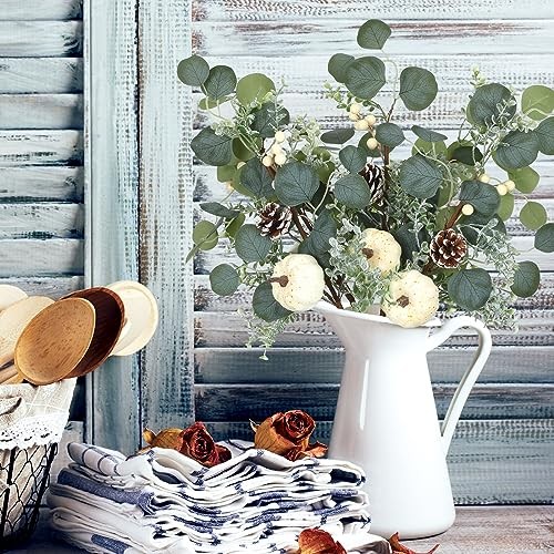 6 Pcs 23.62 Inch Large Fall White Pumpkin Stems Artificial Eucalyptus Leaves