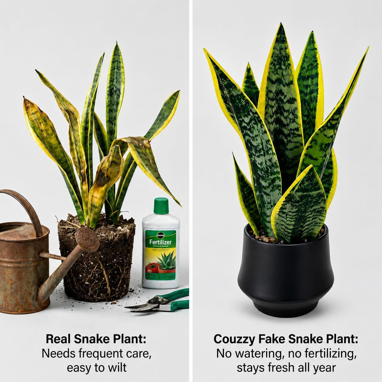 Realistic Artificial Snake Plant 15″ in Ceramic Pot – Faux Sansevieria Indoor De