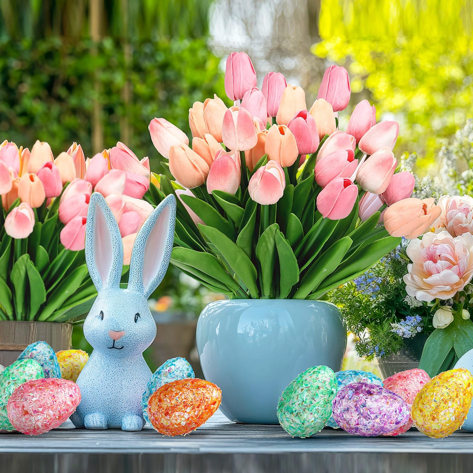72 Pcs Easter Decor, 36 Pink Speckled Eggs, 36 Multicolor Fake Tulips, Spring