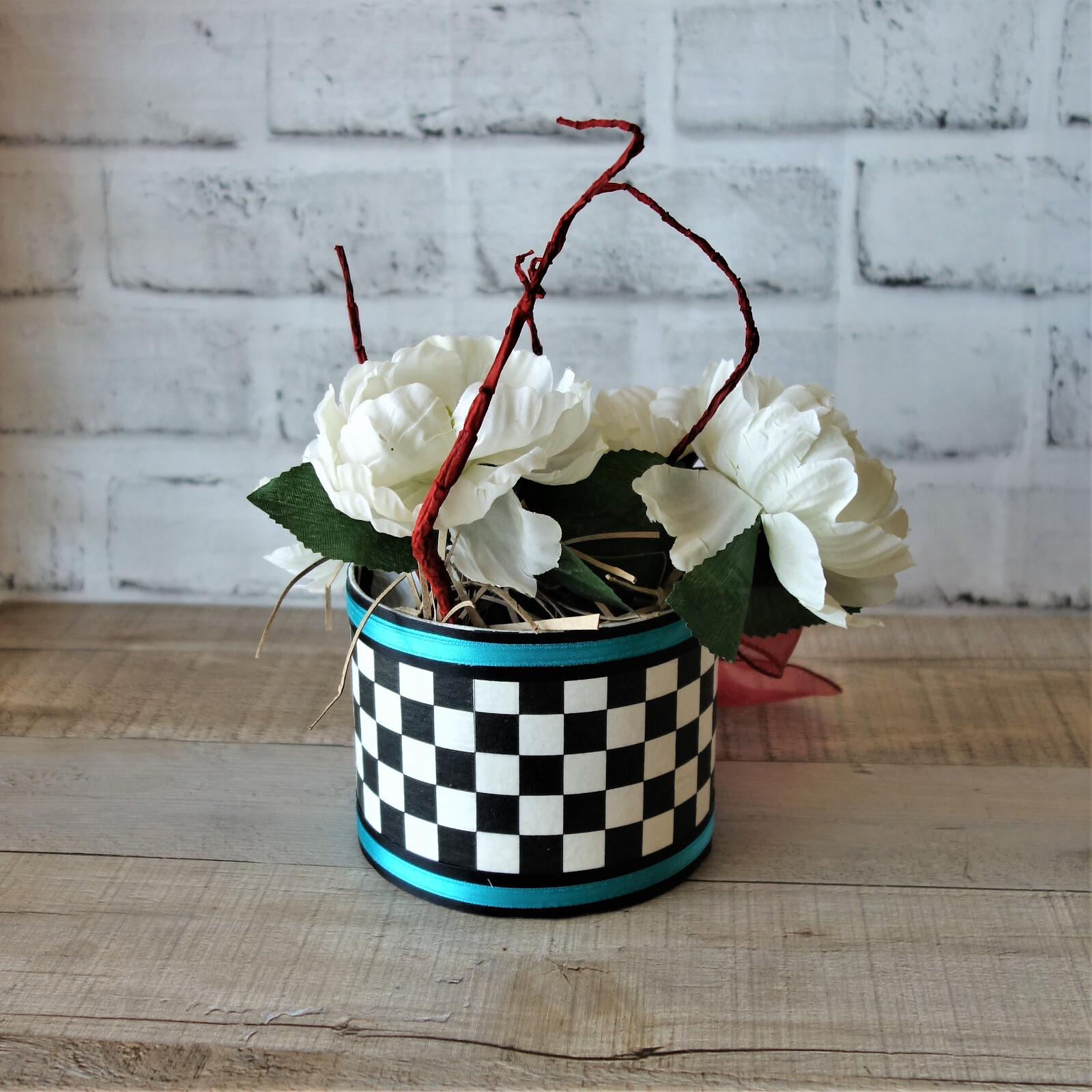 Whimsical Checks Floral Arrangement Handmade Checkered Decor Checkerboard Decor