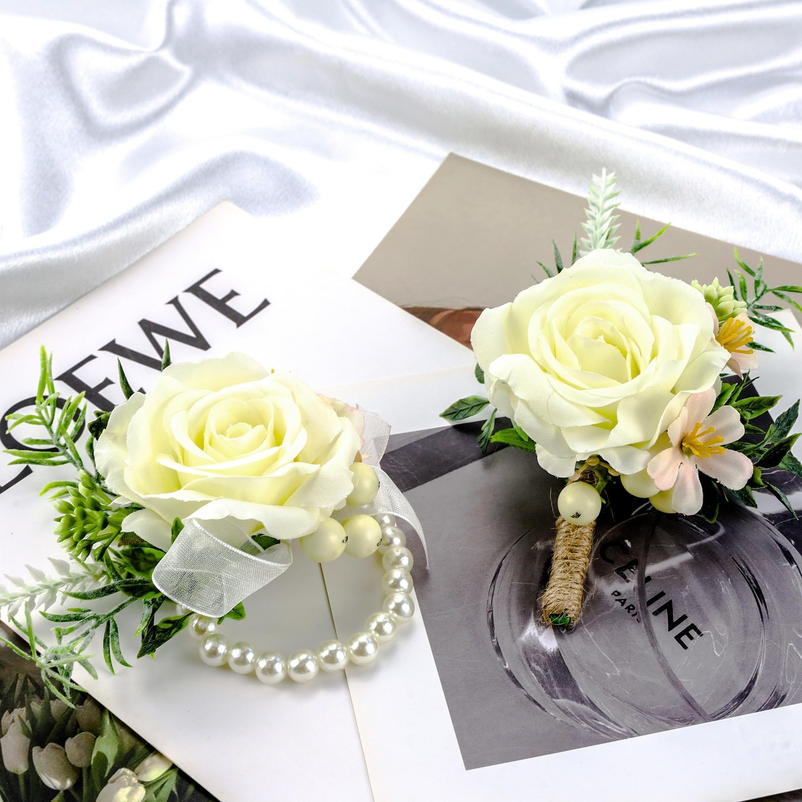 Creamy Wrist Corsage Boutonniere Set Prom Wedding Men Flowers Party 2 PCS
