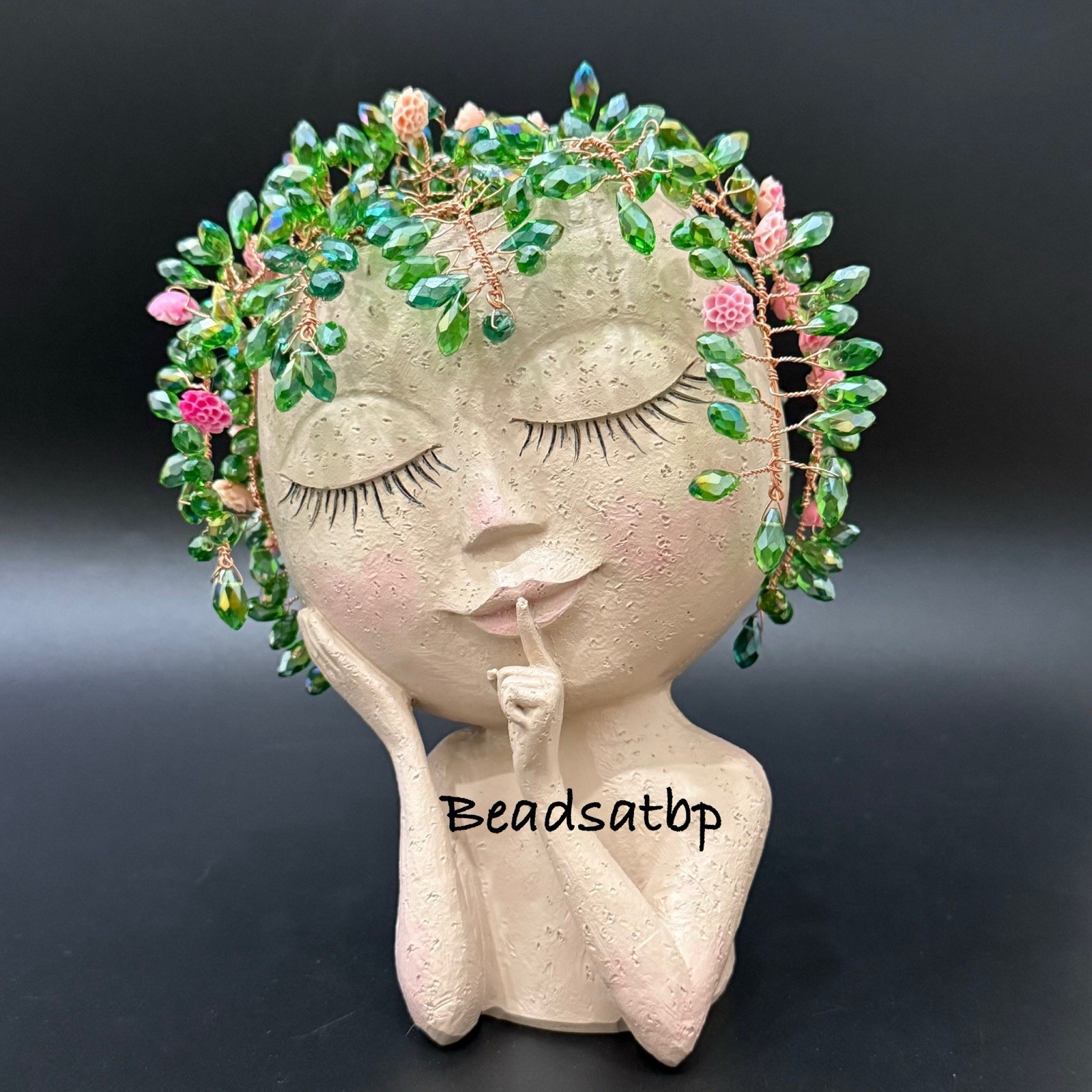 Handmade Beaded Forever Plant Crystal Teardrop Beads Cute 7” Resin Girl Planter