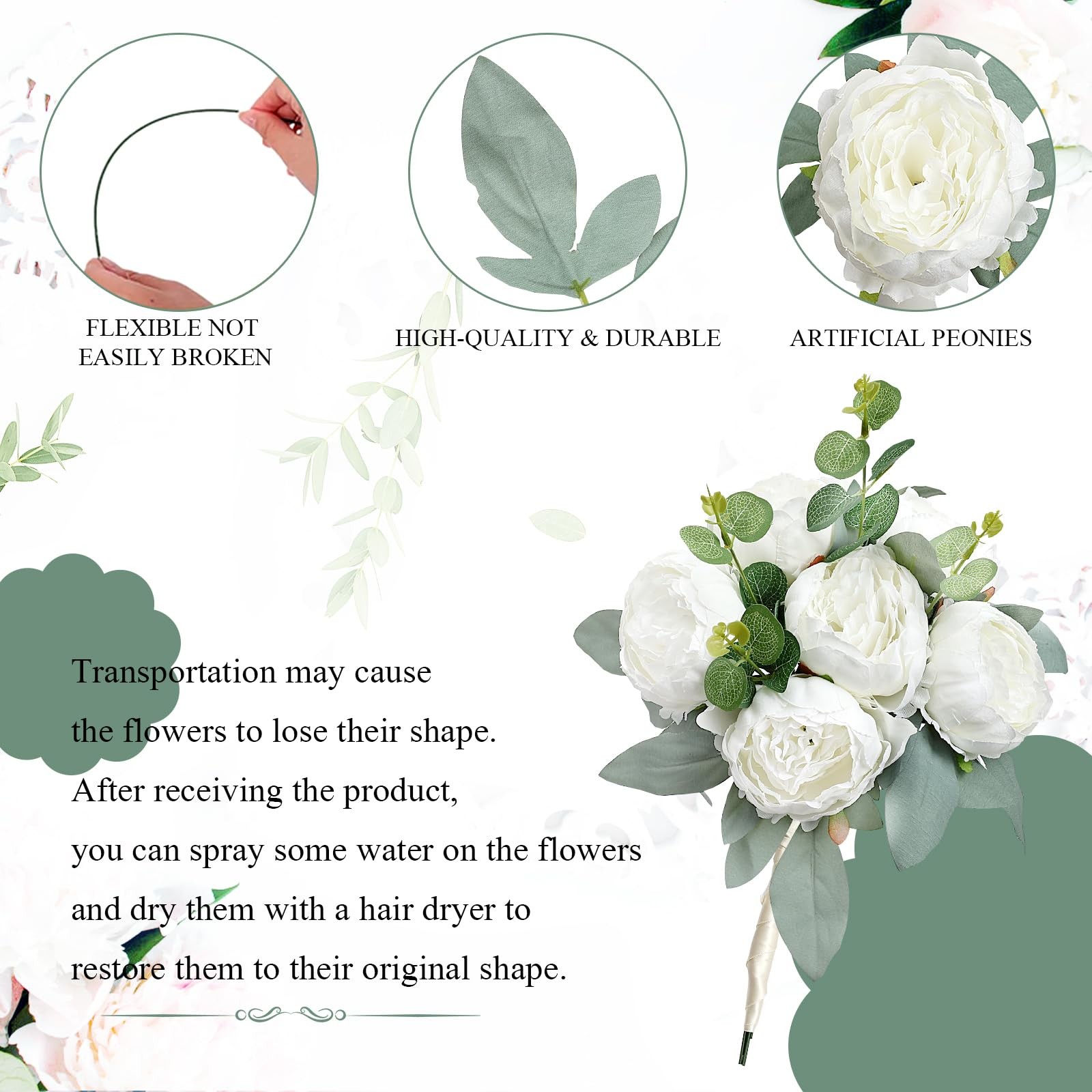 50 PCS Artificial Peonies Flowers Bulk 4 White Fake Heads Faux Silk Wedding