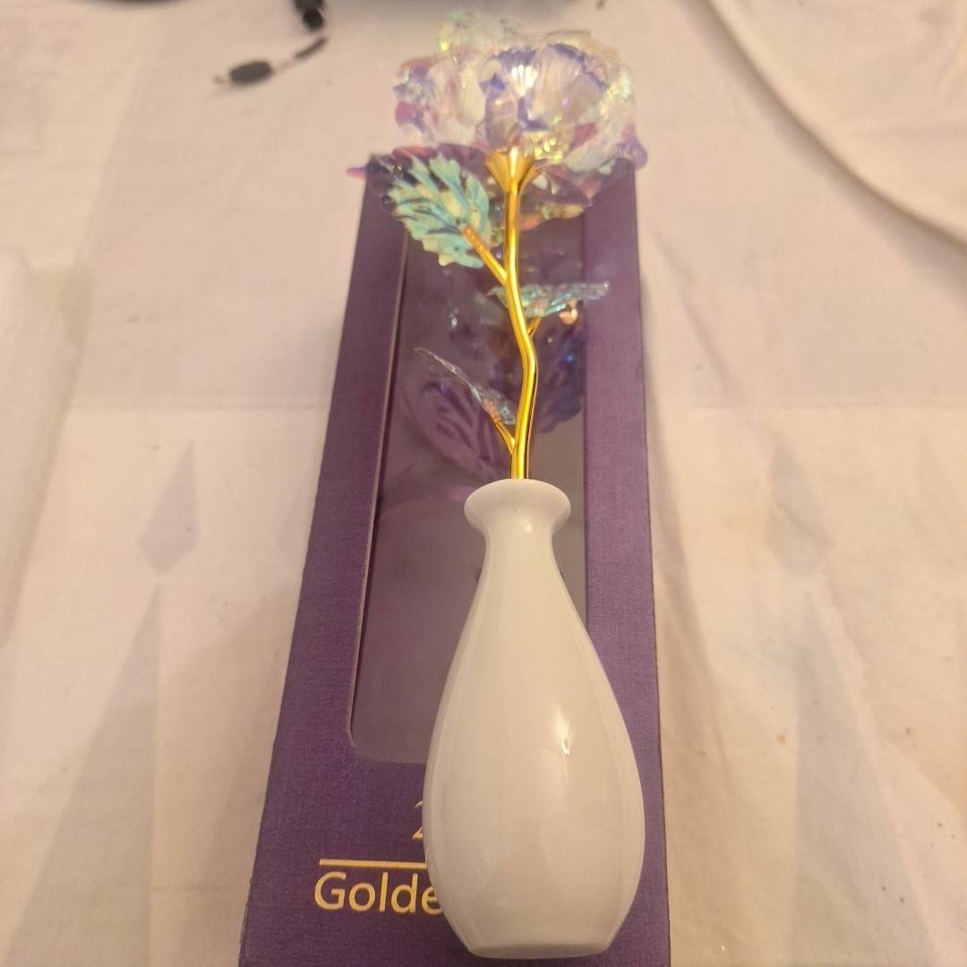 24K Gold Plated Golden Rose in Purple Box 9″ With White Vase