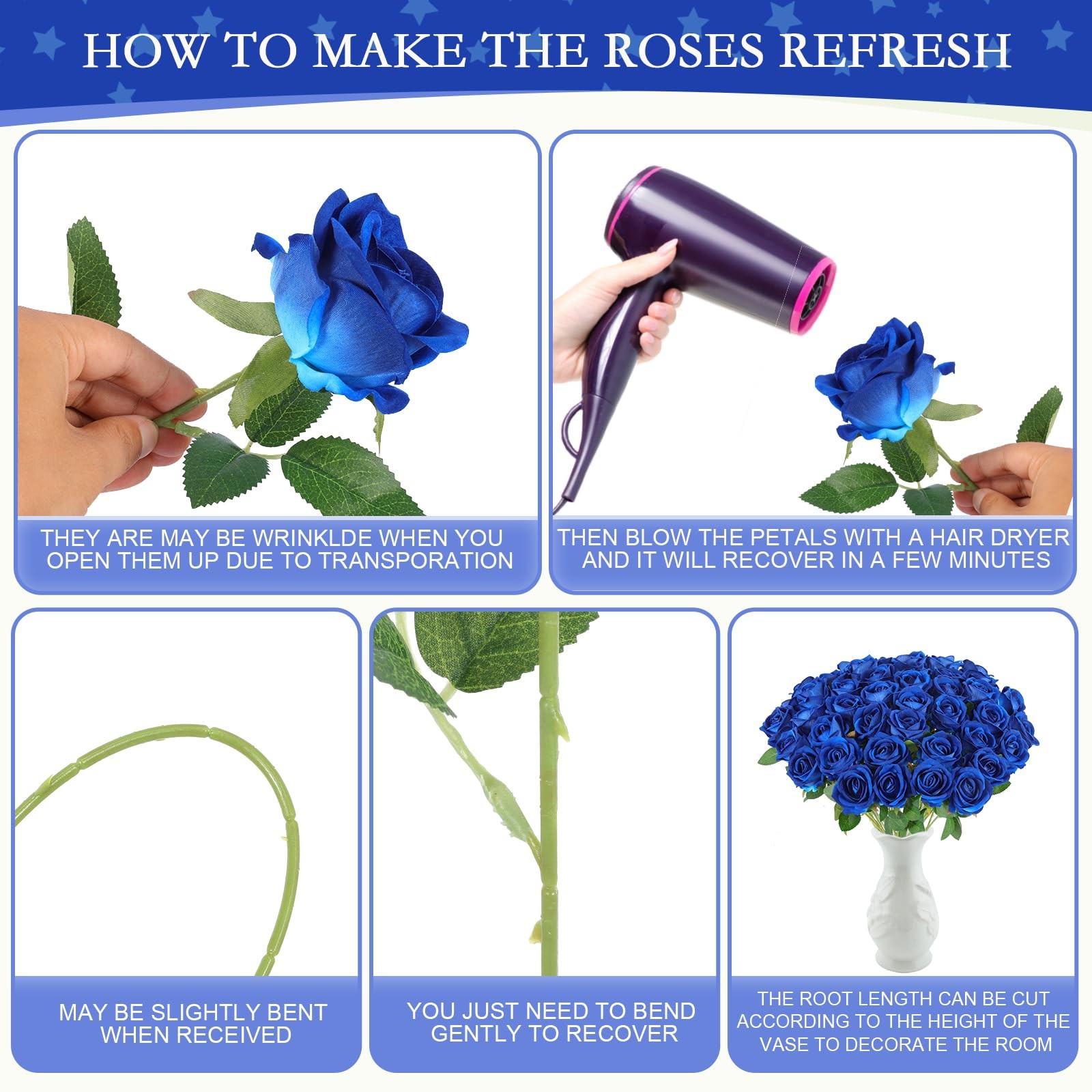50 Artificial Roses in Bulk, Fake Silk Roses Realistic Blue Roses for Wedding…
