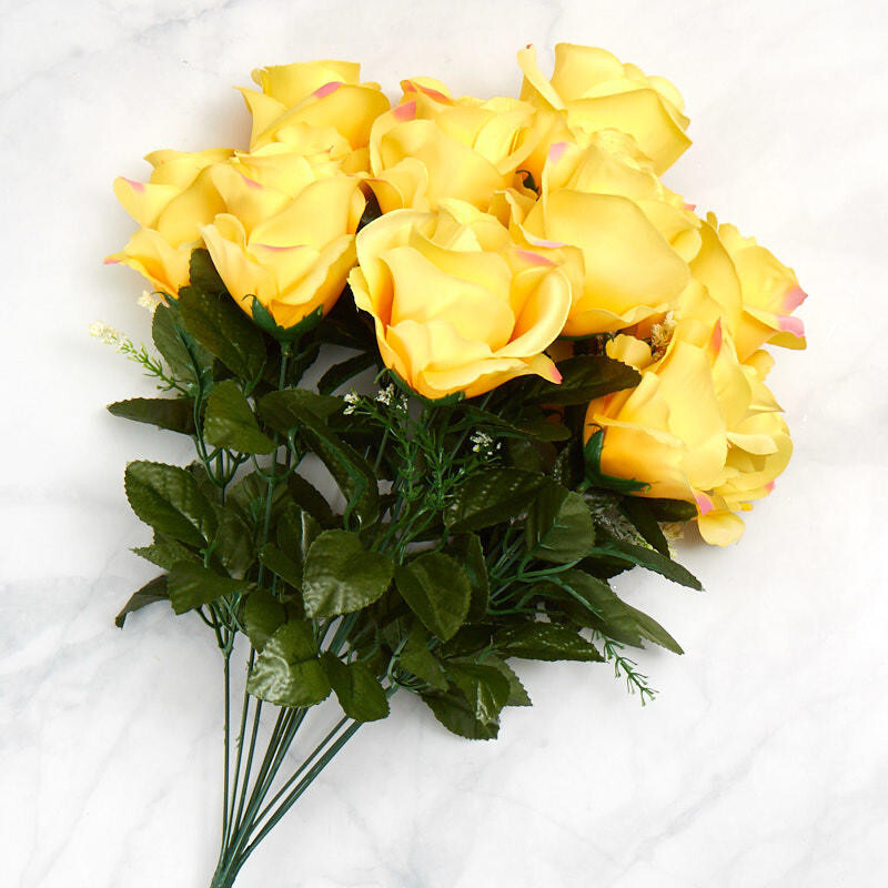 Factory Direct Craft Colorful Yellow Poly Silk Rose Floral Bush