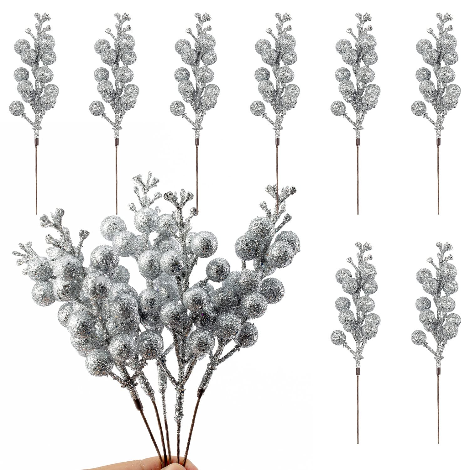 24 Pack Silver Christmas Glitter Berries Stems Artificial Christmas Tree Pick…