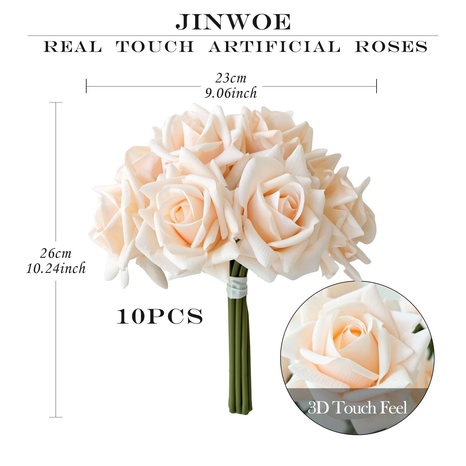 JINWOE 10pcs Cream Real Touch Roses Flowers, Lifelike Full Bridal Bouquet
