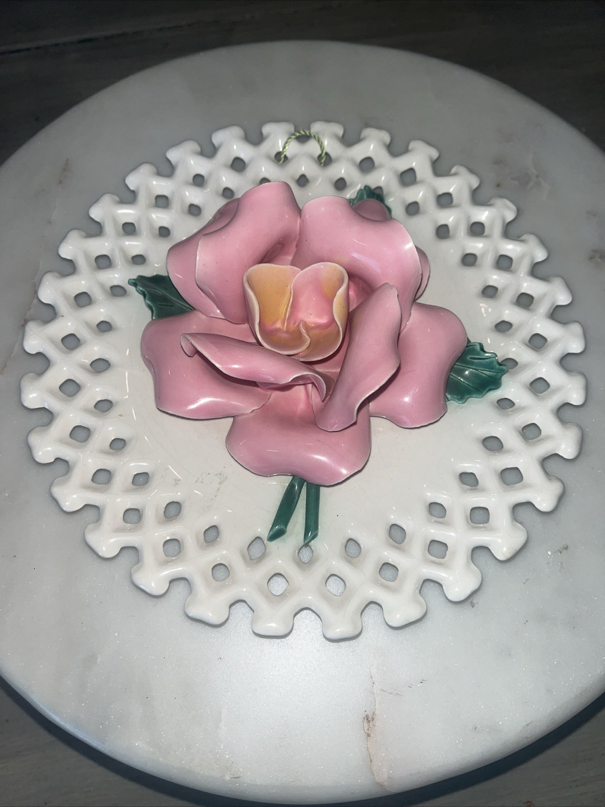 Capodimonte Porcelain Rose on Lattice Plate 8” Wall Decor Made in California USA