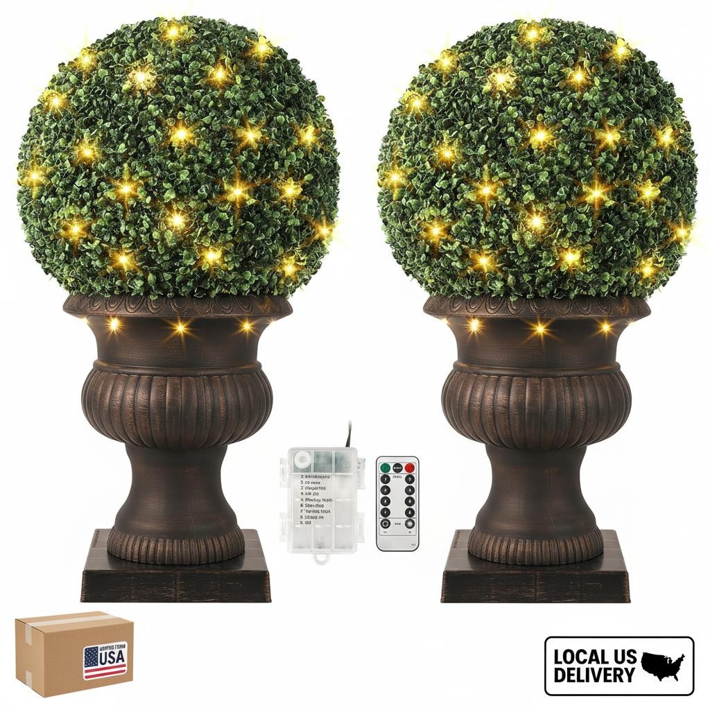 2 Pcs 20” Artificial Plant Topiary Ball with Light, All-Year Green Faux Boxwood