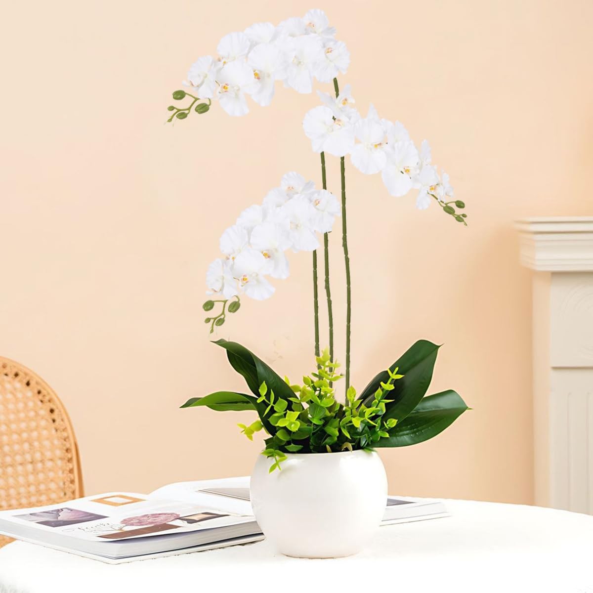 White Orchid Artificial Flowers,6PCS Artificial Phalaenopsis Flowers 38″ Fake…