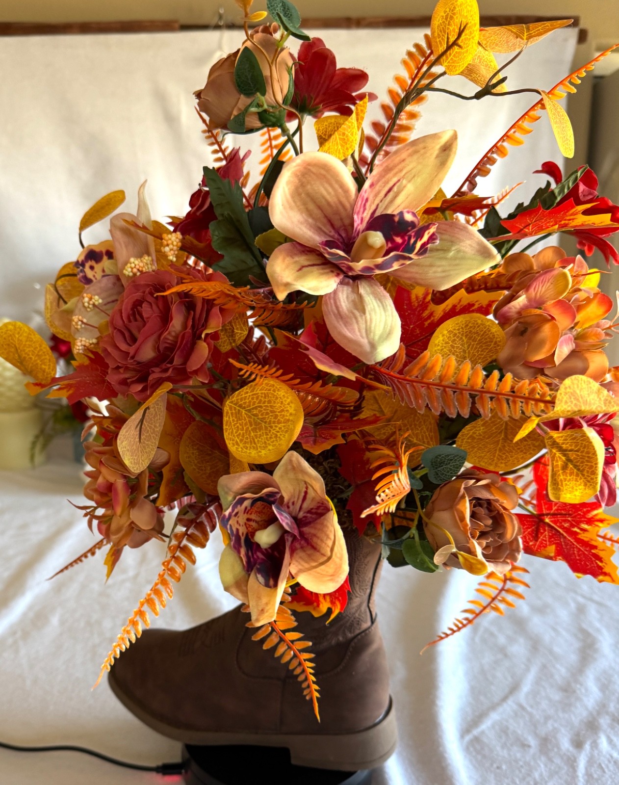 Fall colors Arrangement in a Cowboy Boot! Use all year!