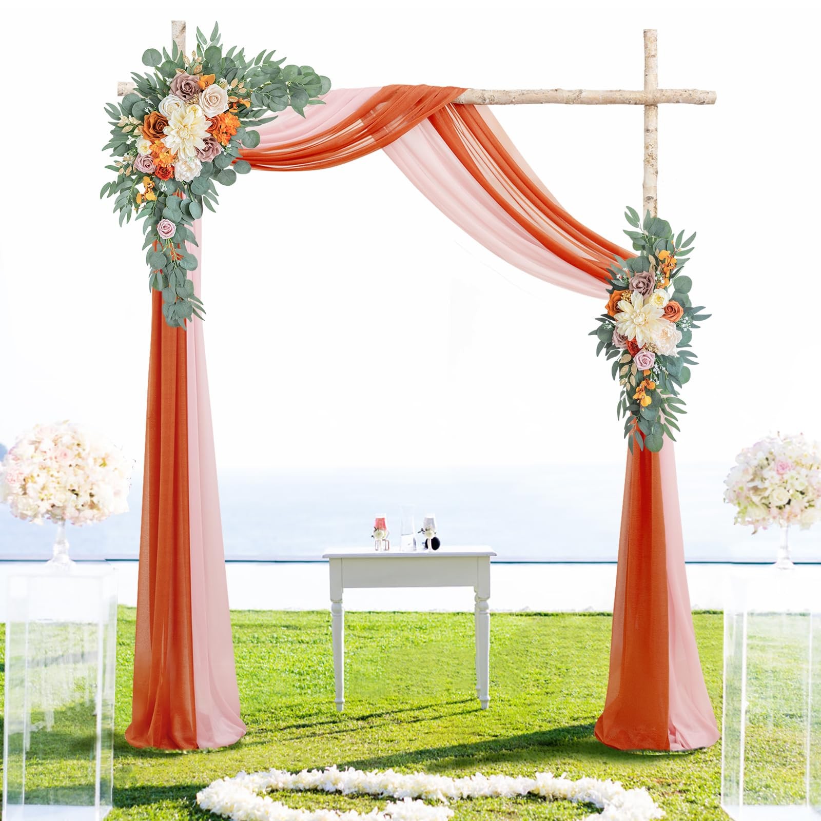 Artificial Burnt Orange Wedding Arch Flowers Kit with 2PCS Shiny Arch Chiffon…