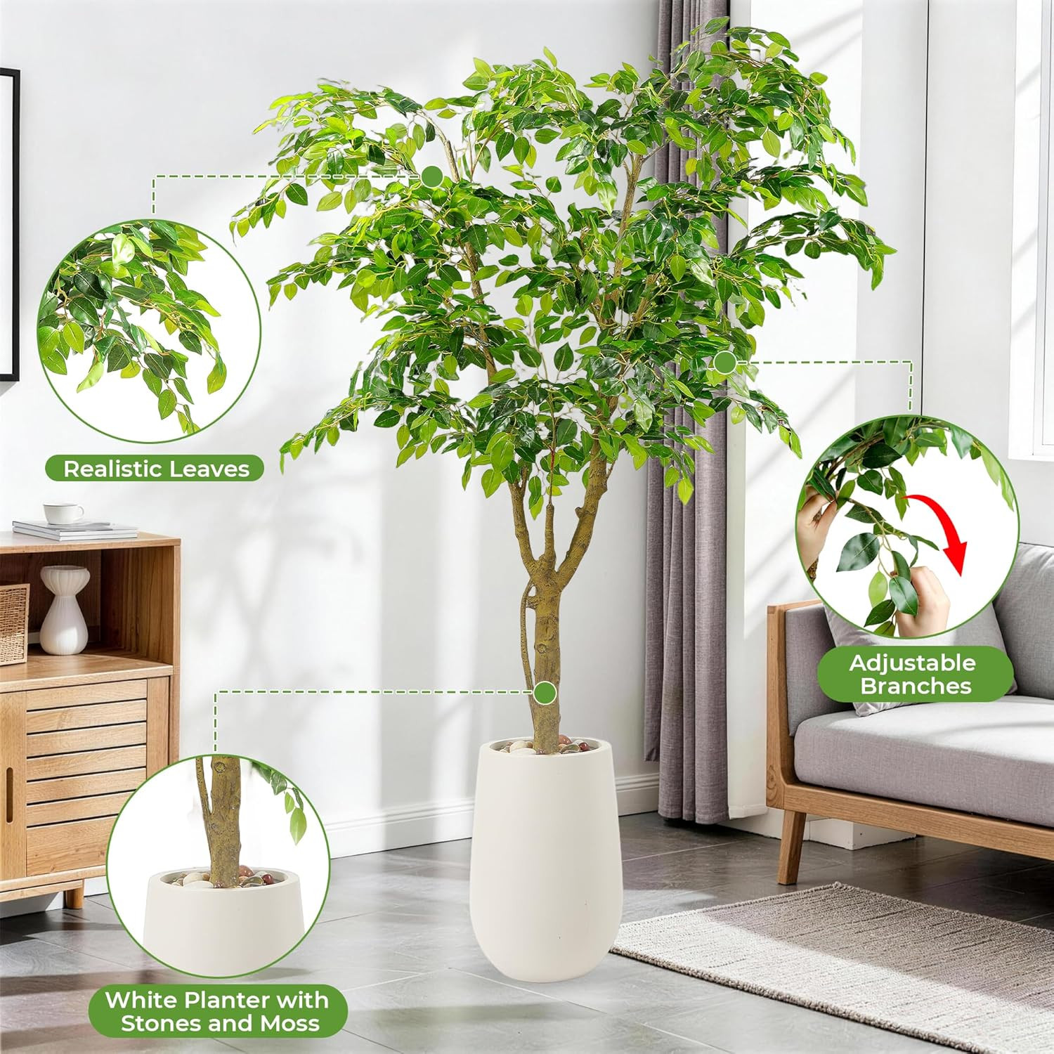 6.5FT Faux Ficus Tree in White Planter – Lifelike Indoor/Outdoor Décor