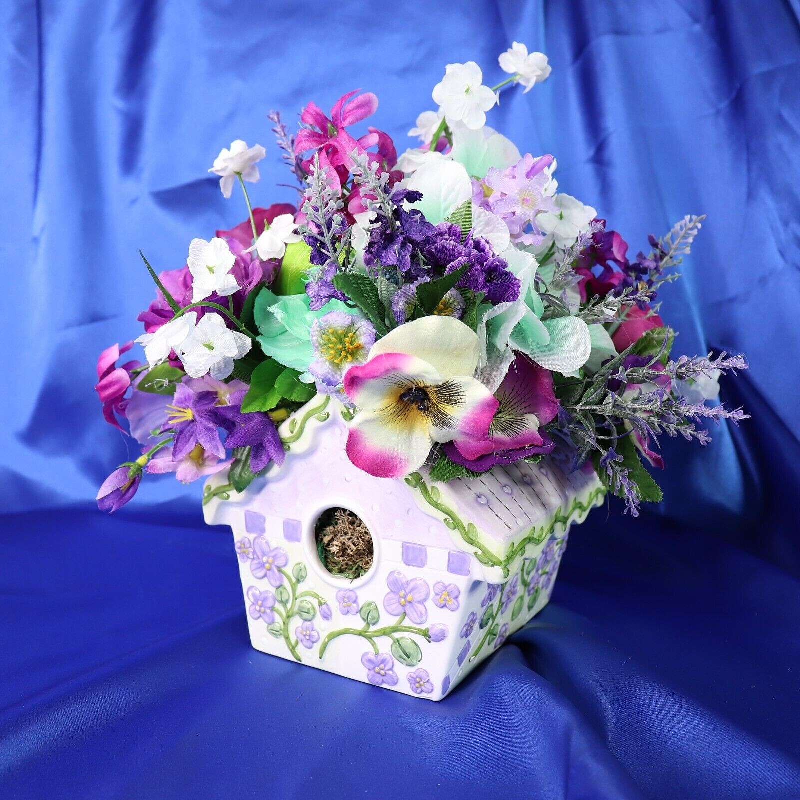 Cute Ceramic Birdhouse Flower Arrangement Purple Fuchsia Green White Blue