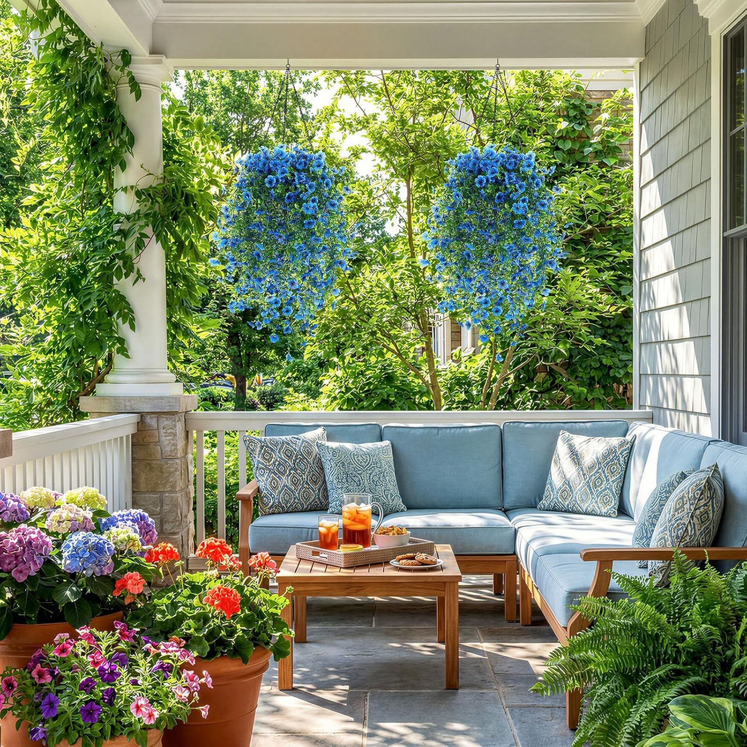30″ Blue Artificial Hanging Flowers – UV Resistant Faux Plants for Outdoor Decor