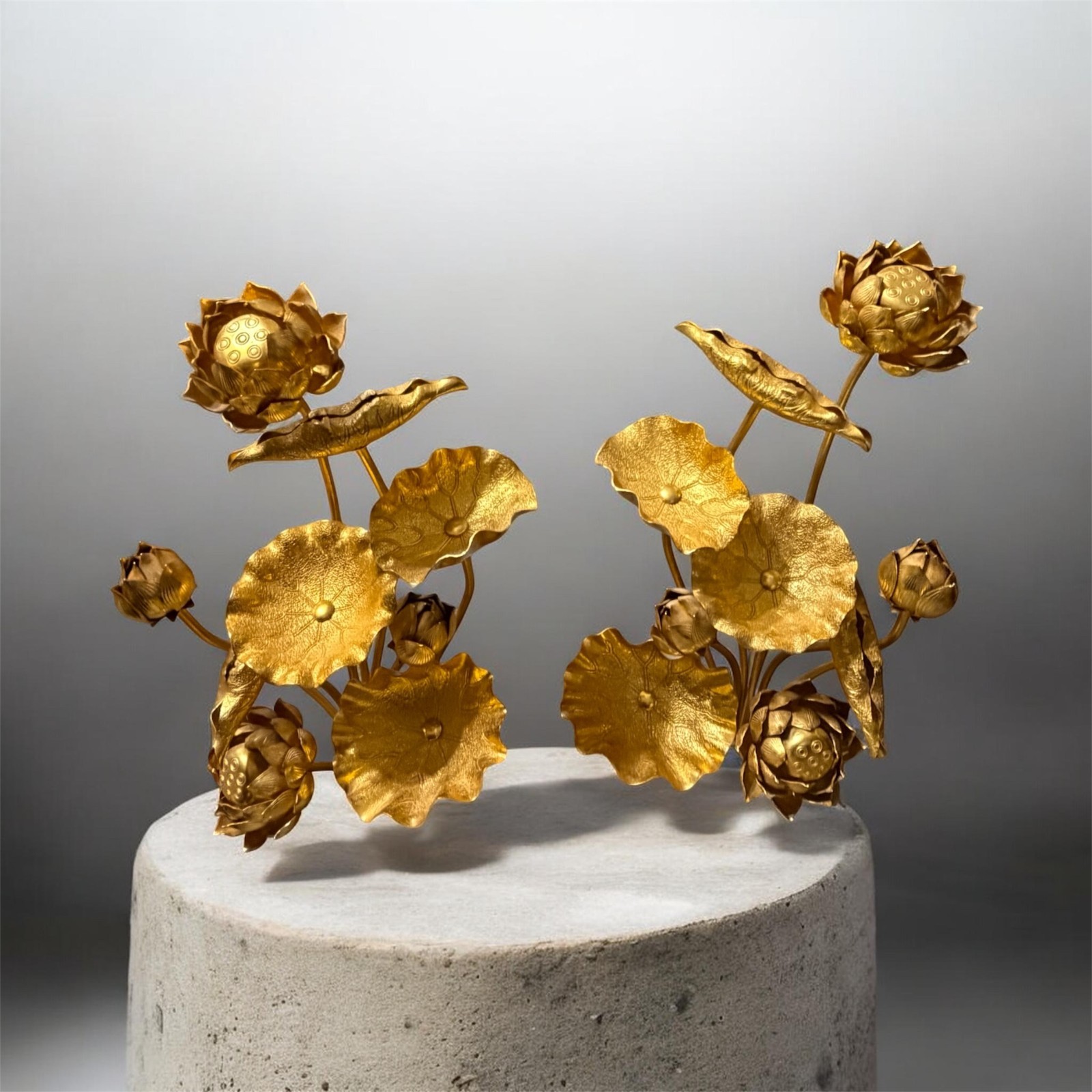 VTG Japanese Lotus Flowers decoration pair gold tone 12″ READ