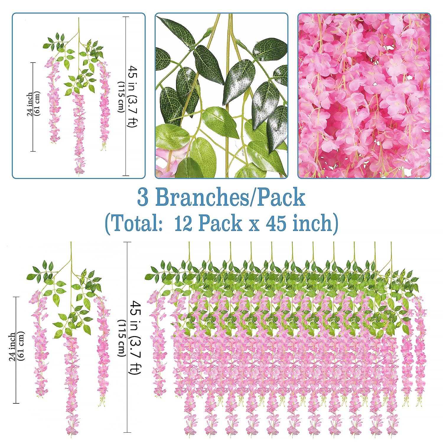 12 Pieces/Each 45 inch / 3.7 ft Wisteria Artificial Flower Bushy Silk Vine Ra…