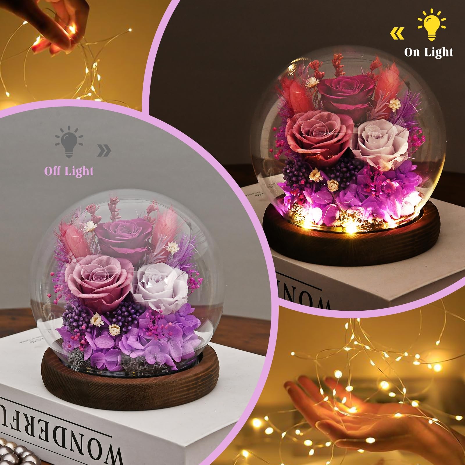 FRYMSHE Gifts for Wome, Mom, Grandma, Wife, Preserved Rose Flowers in Glass Dome