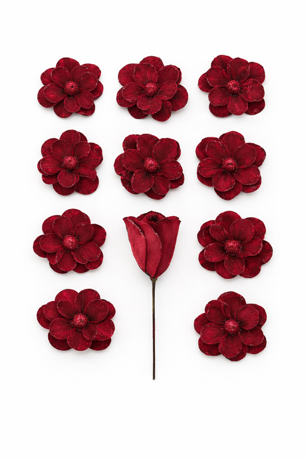 12 Pcs Velvet Poinsettia Burgundy Large Magnolia Flowers Red Glitter Ornaments