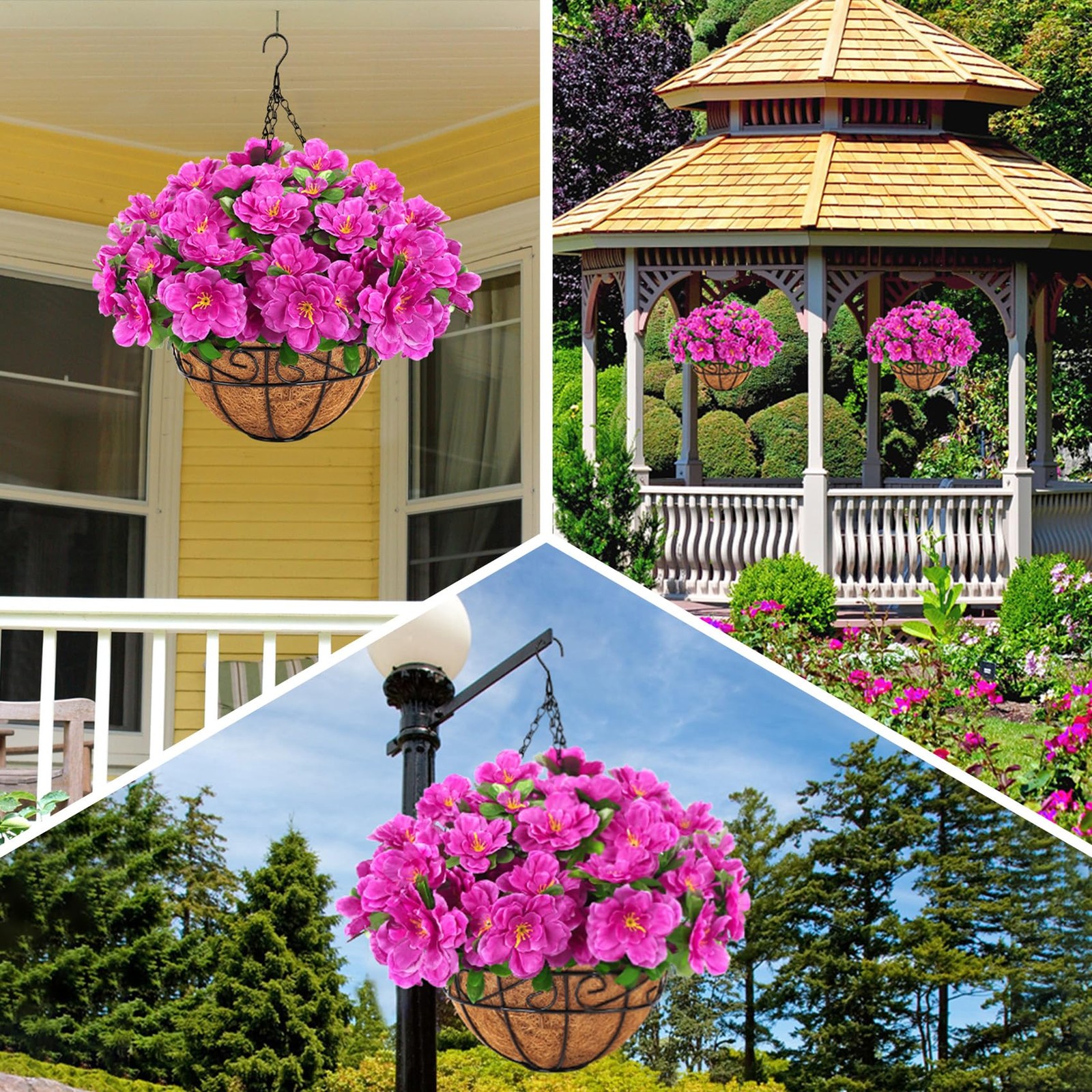 Artificial Hanging Flowers with Basket, Silk Azalea Flowers in Coconut Basket…