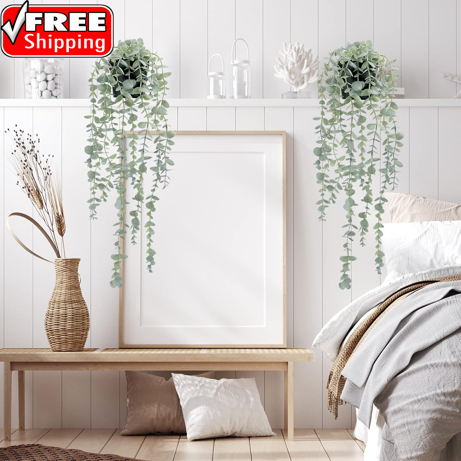 2 Pcs Artificial Eucalyptus Plants Shelf Hanging Fake Plant in Pot for Wall Bedr