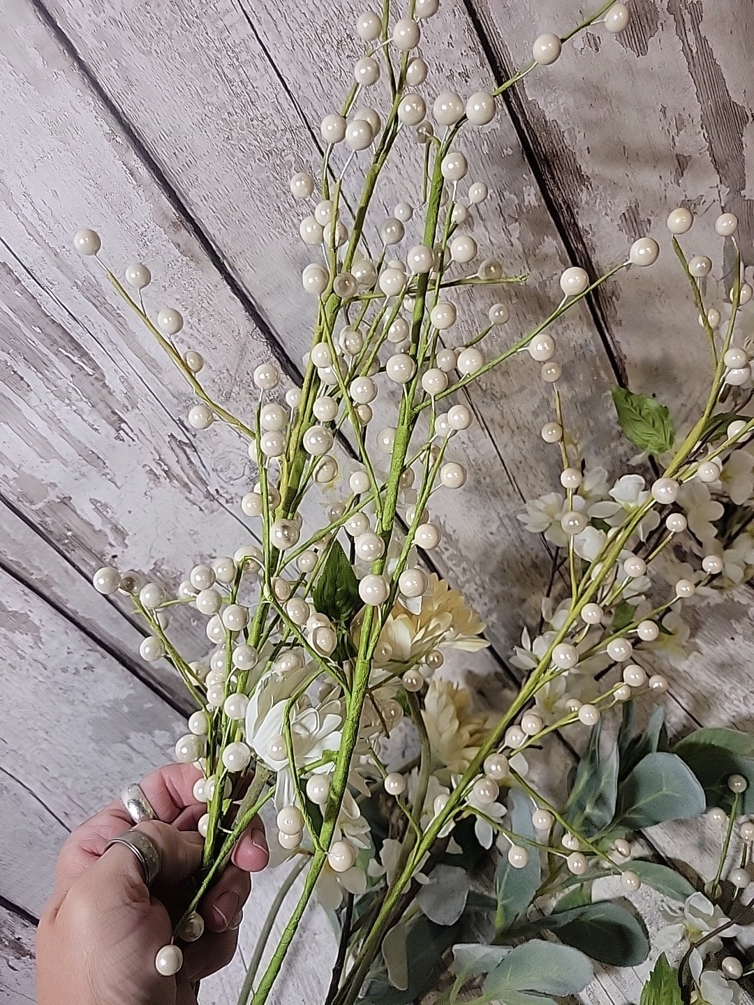 Faux Floral Flower Arrangement Single Pieces Daisy Pearl Berries Fuzzy Stems…
