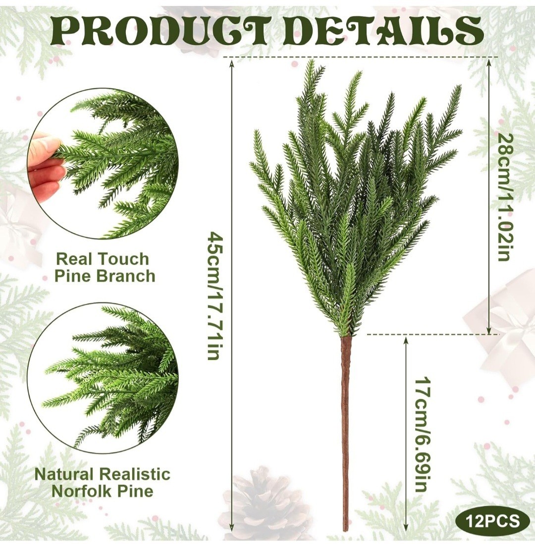 Wsorik 12Pcs Realistic Norfolk Pine Branches -18Inch Artificial Real Touch…