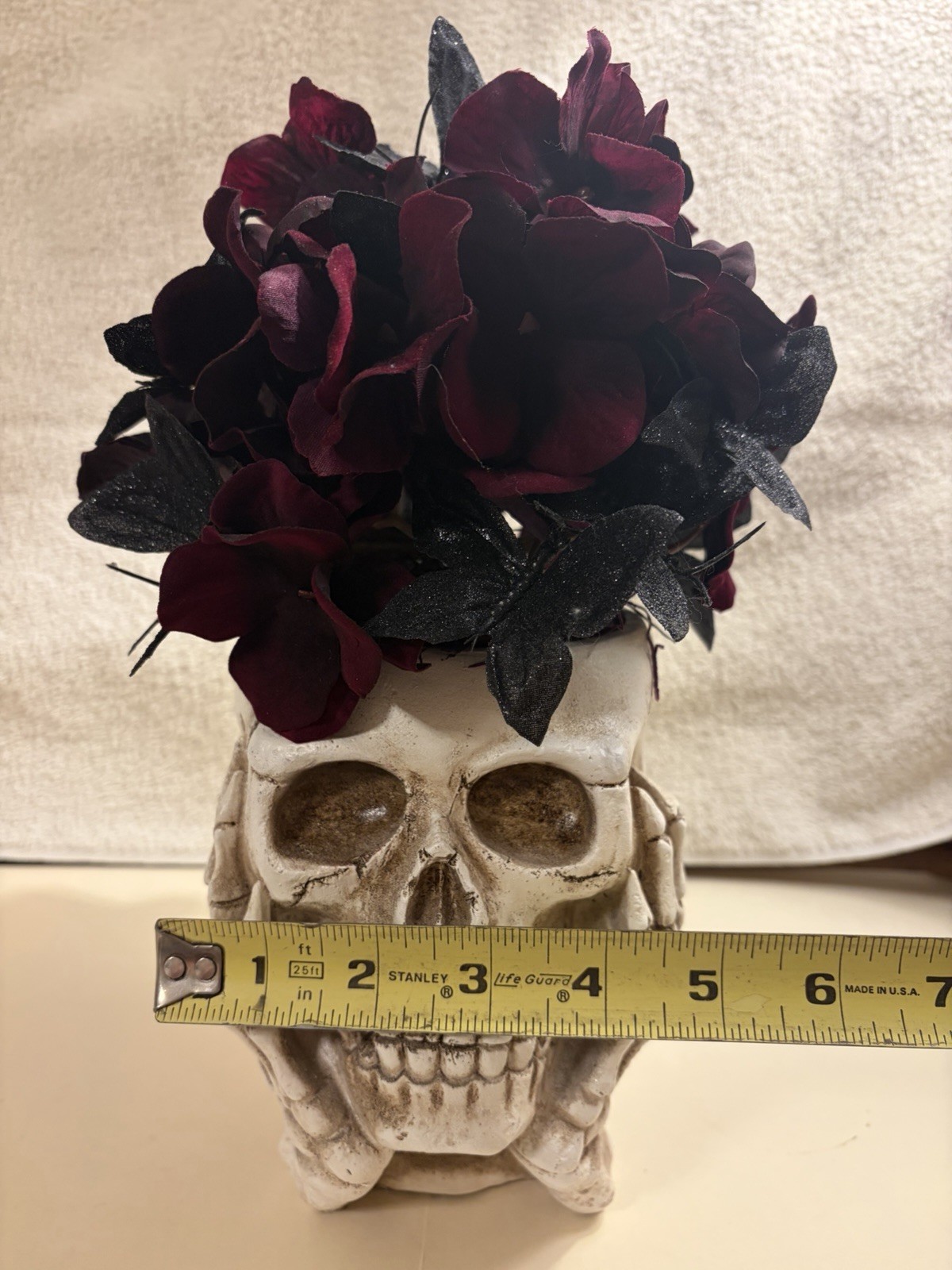Haunted Floral Spooky Skull Vase Burgundy Hydrangeas Black Butterfly Halloween