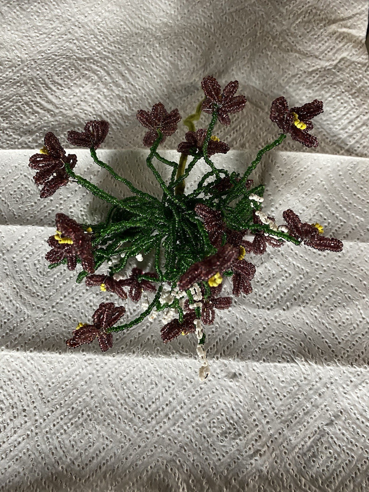 Vtg French Glass Beaded Purple Green Yellow Flower Bouquet Floral Arrangement