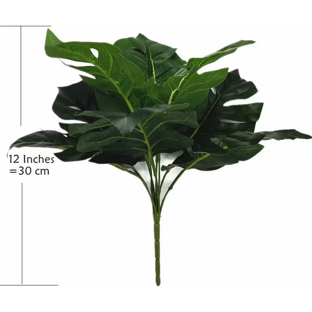 12 In. Artificial Green Indoor/Outdoor Tropical Monstera Plant Faux Palm Leaves
