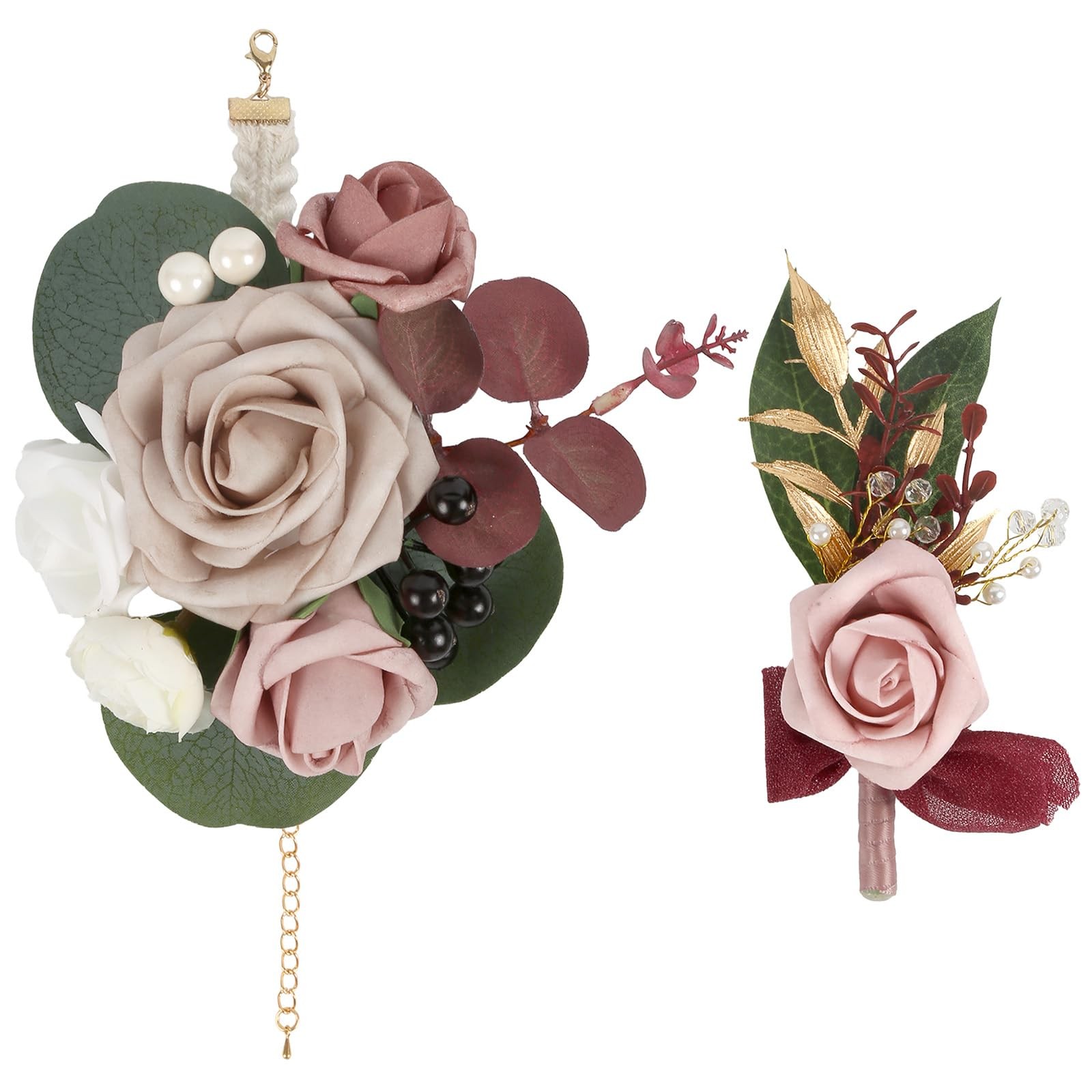 2 PCS Dusty Pink Rose Wedding Corsage Boutonniere Set Wristlet Prom Decor