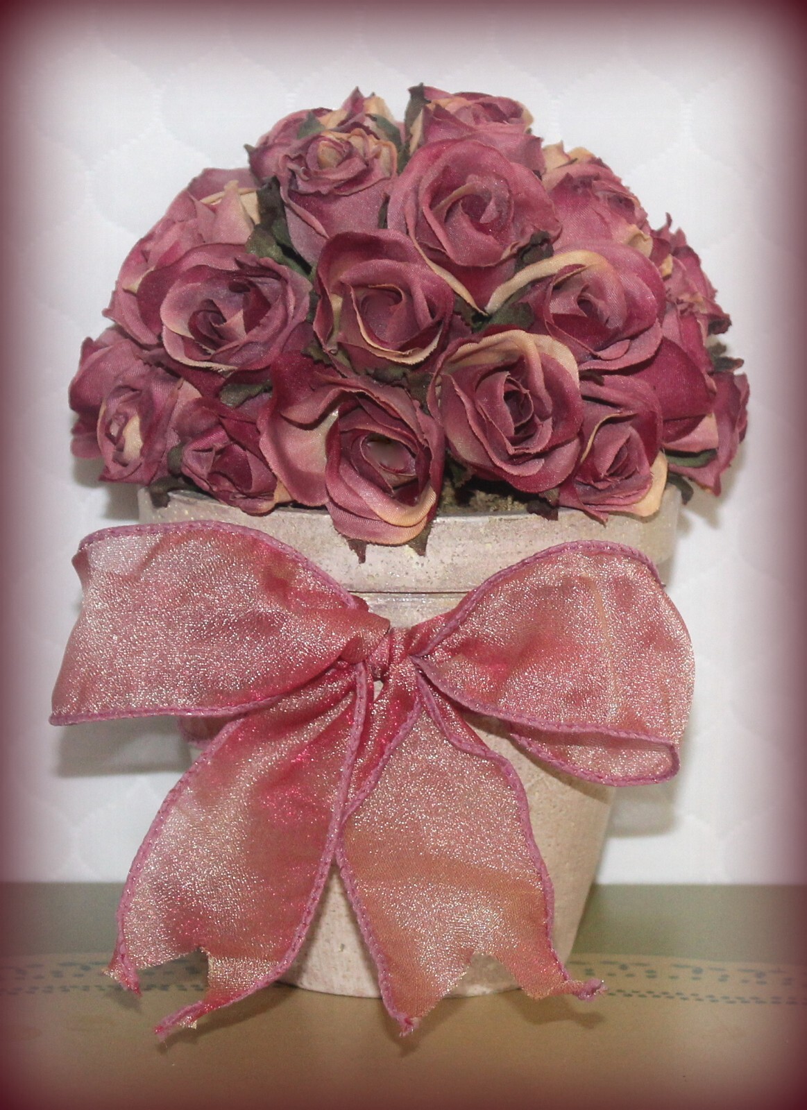 Hallmark Vintage New Victorian Faux Roses in Pot with Ribbon 7 1/4″ T x 5 1/2″ D