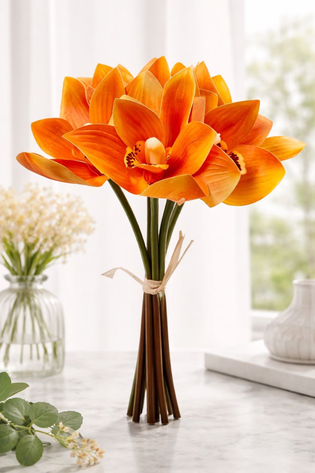 Artificial Orange Orchid Bouquet Real Touch Cymbidium Flowers 6 Stem Bundle