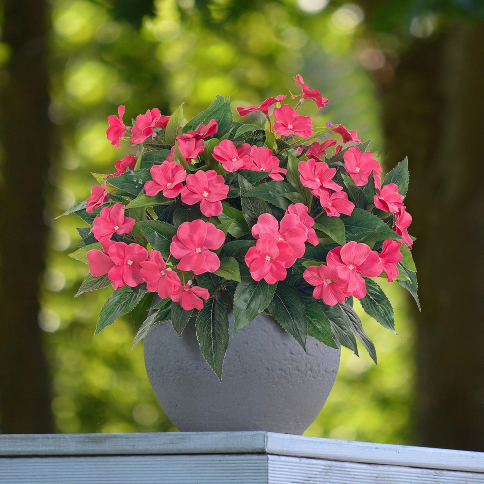 Faux Impatiens Bouquet, Silk Flowers for Outdoor Planters, Balcony Decor, Pink