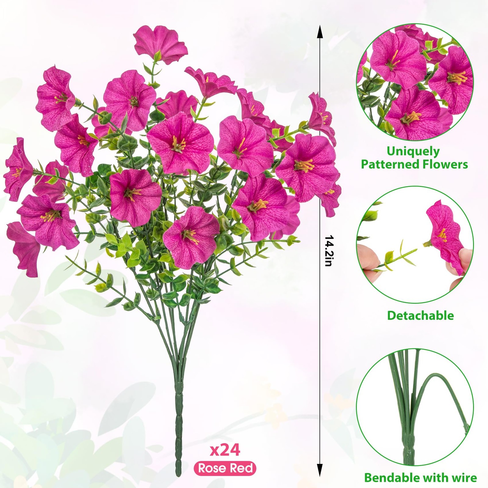 24 Pcs Artificial Petunias Flowers for Outdoors, Rose Red