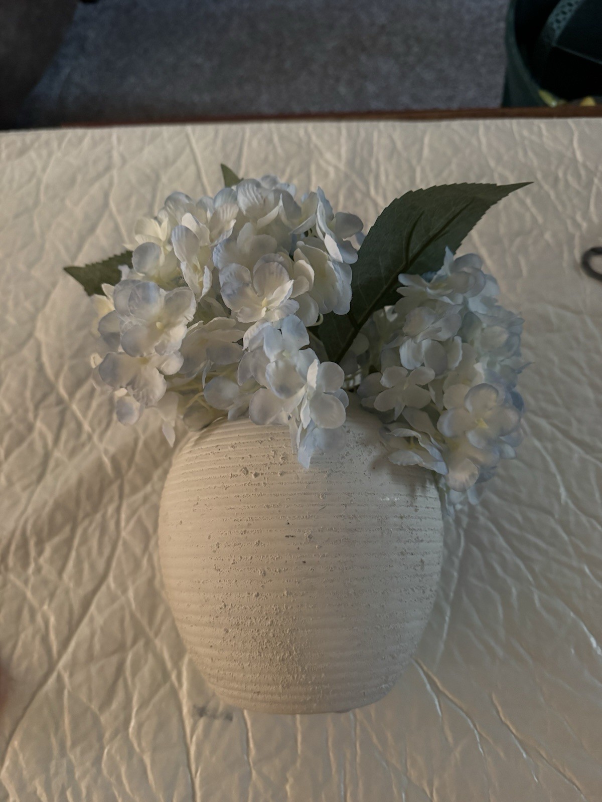 Artificial Light Blue Hydrangea Flowers w/Textured White Vase 3.5” Vase Bottom