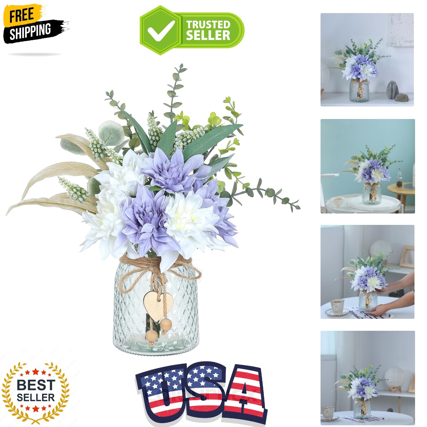 Faux Flowers with Vase,Artificial Silk Flowers in Vase, Fake Plant Eucalyptus…
