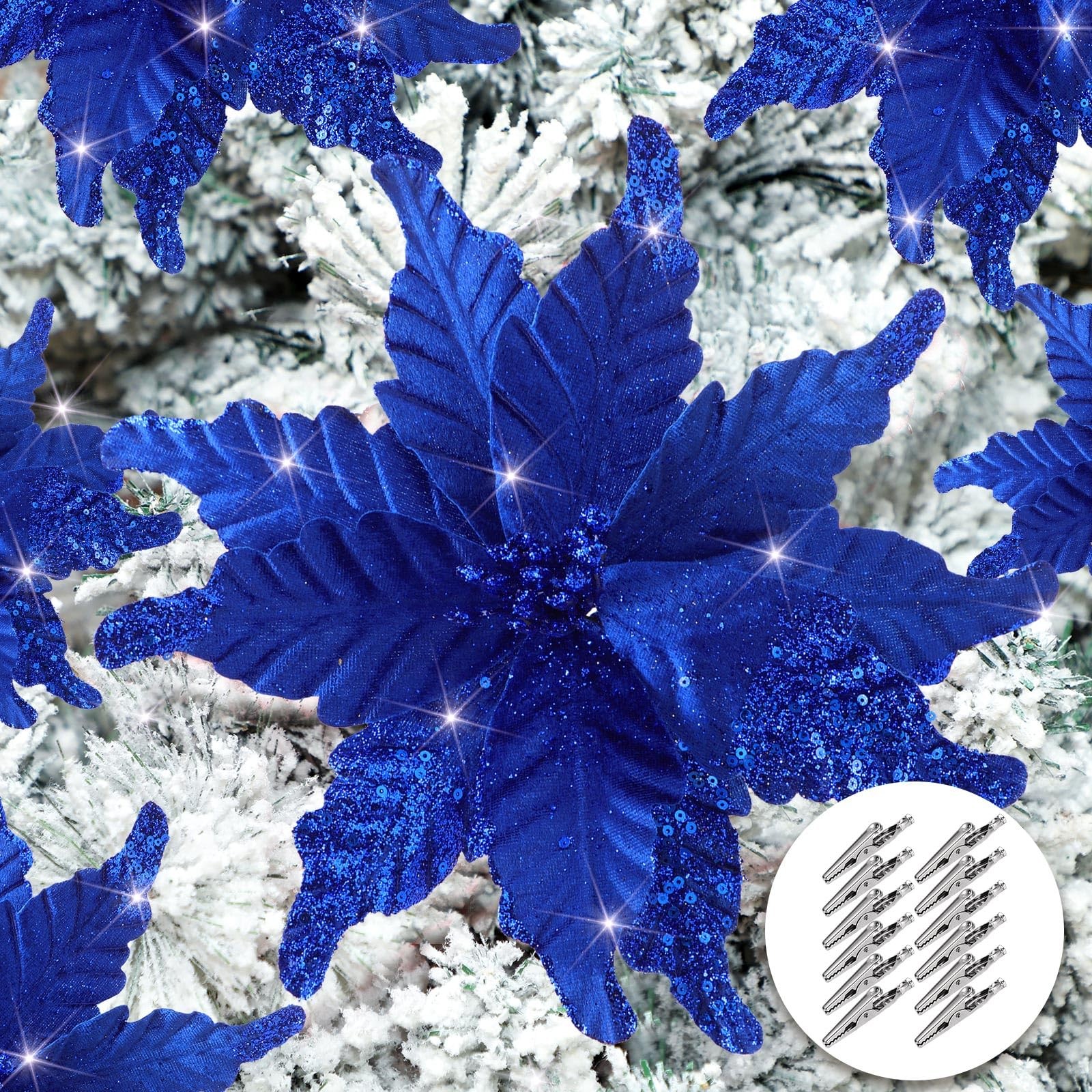 12 Pcs Christmas Glitter Fabric Poinsettia 10 Inch Artificial Xmas Flower wit…
