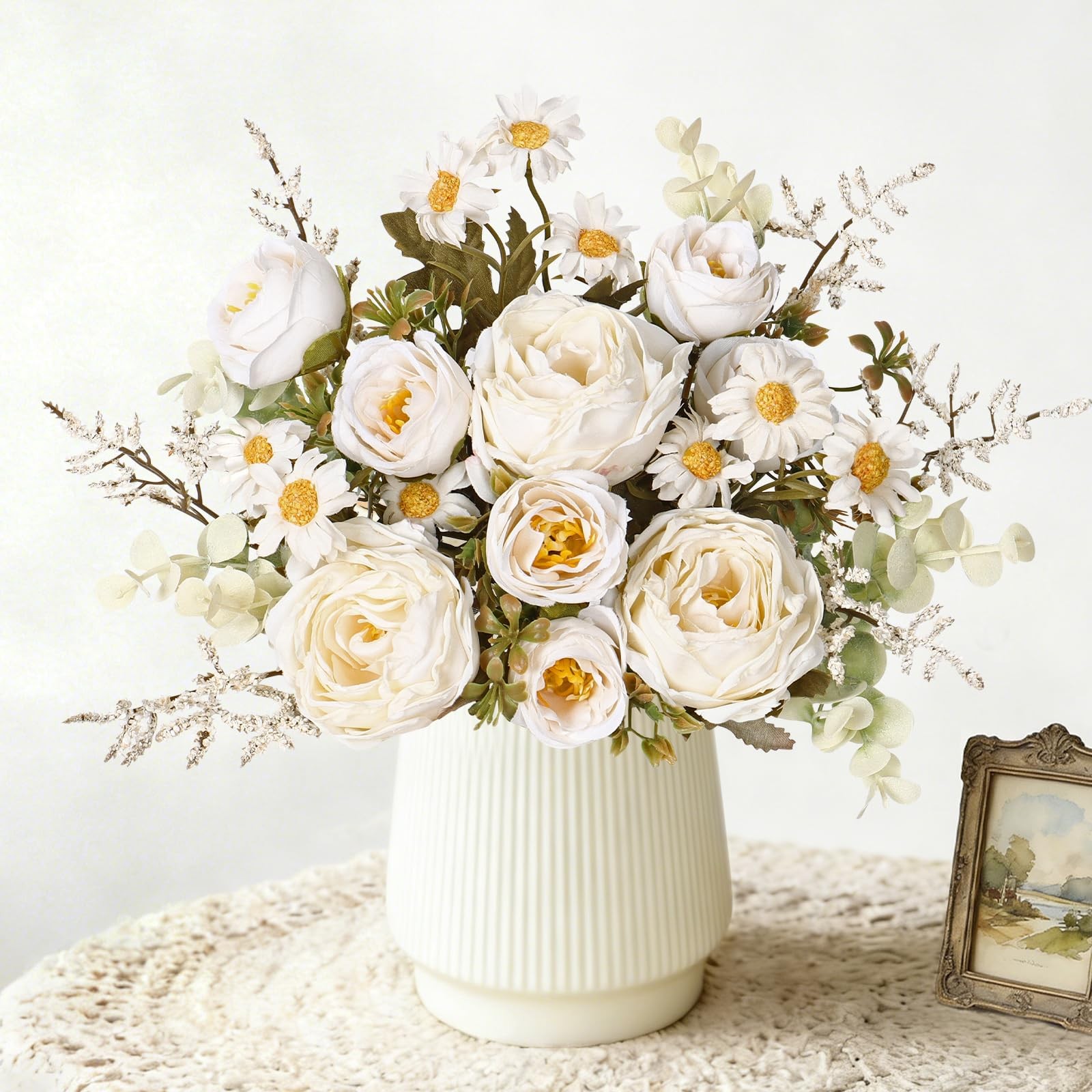 Artificial Roses Flowers 3 Pack Vintage Roses White Flowers Small Silk Rose B…