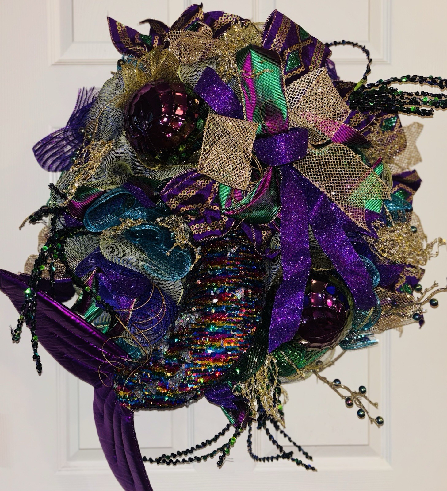 Mardi Gras Wreath Extra Large With Mermaid Tail and Fleur De Lis Handmade Deco