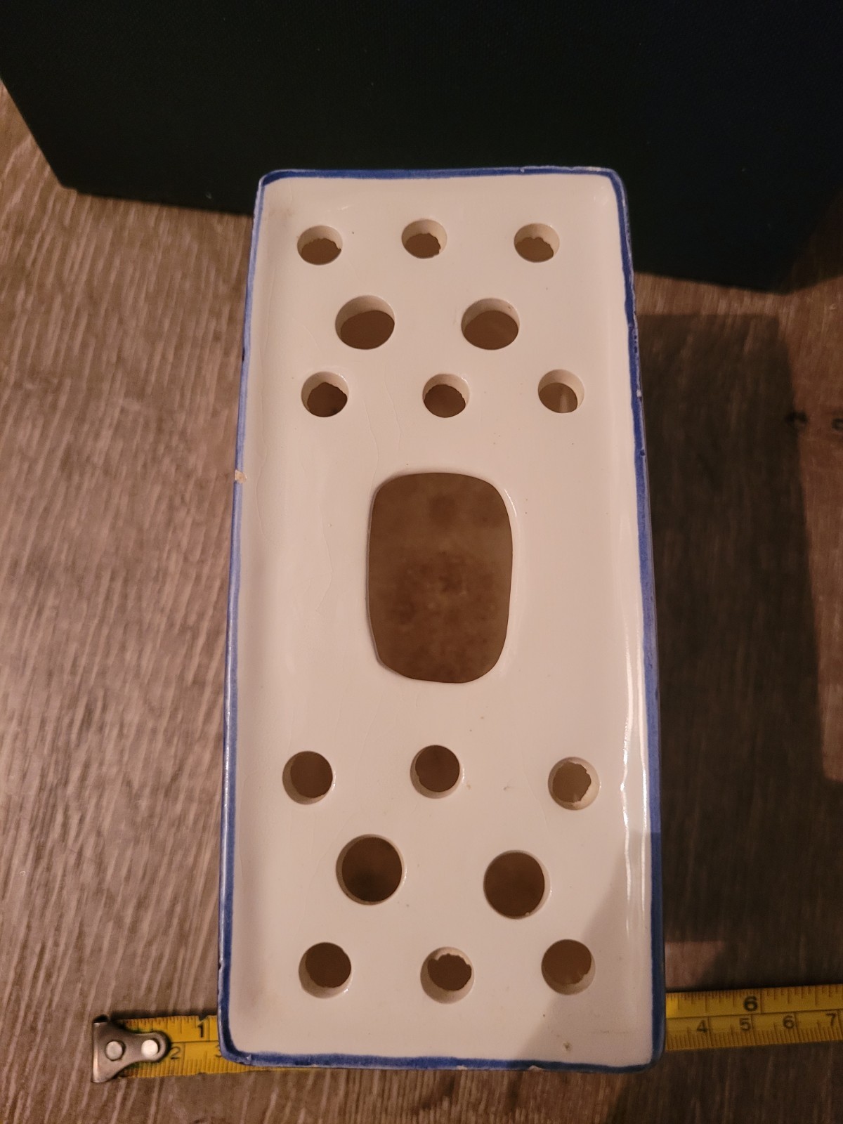 1992 MMA Hand Painted Blue/White Ceramic Flower Frog Brick Vase 5″L • Portugal
