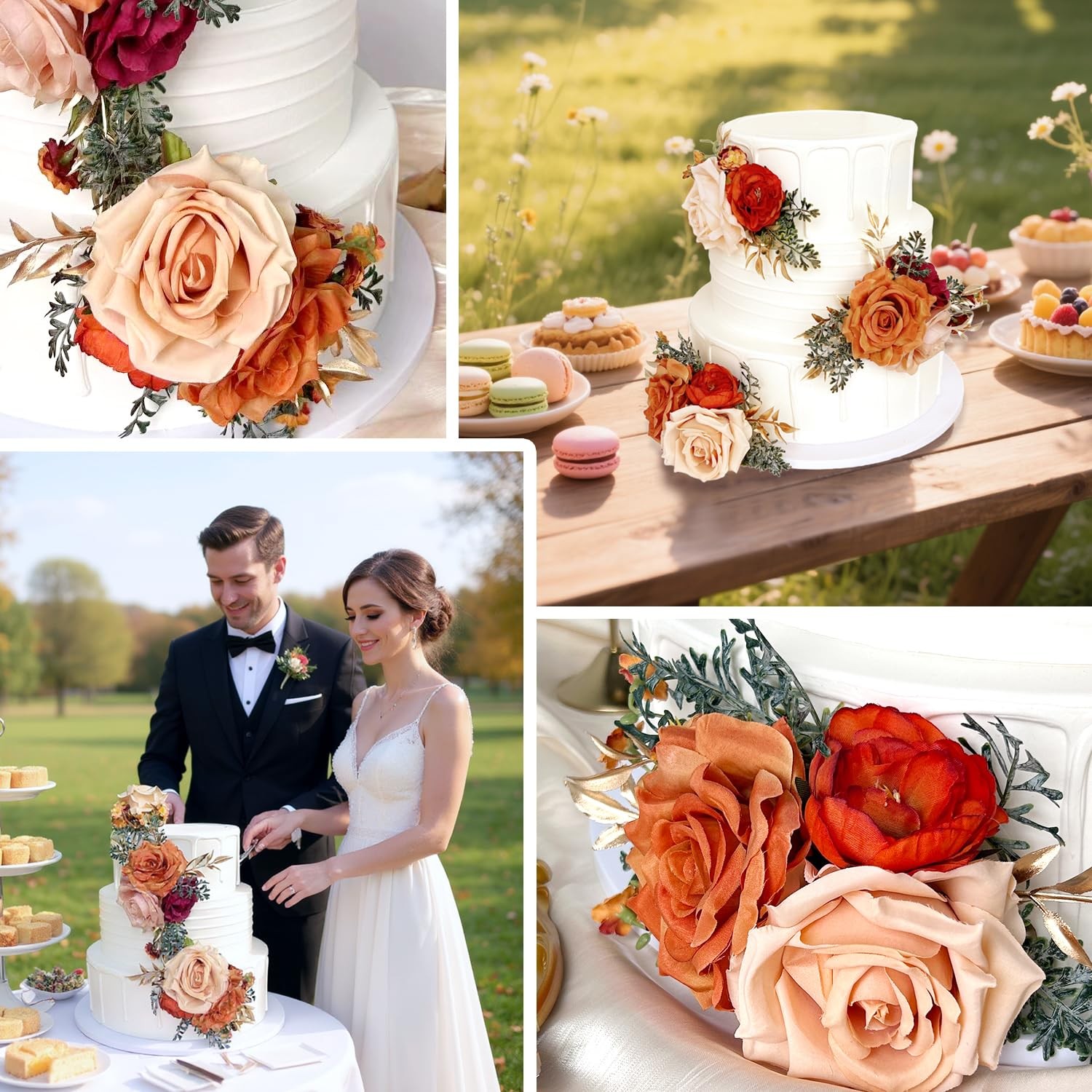 Pre-Made Burnt Orange Silk Flowers For Cakes Decorations Sunset Terracotta