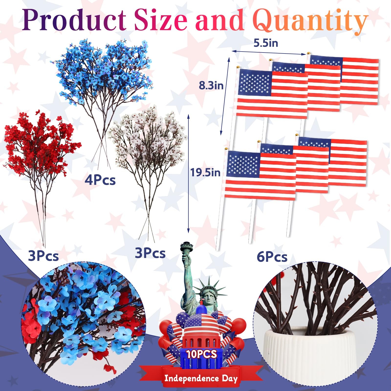 10 Pcs 4th of July Artificial Babys Breath Flowers, 6 Pcs Small Flags, Red Wh…