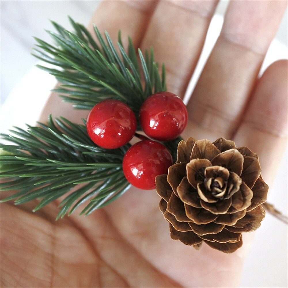 10Pcs Christmas Artificial Pine Branches with Leaves Red Holly Berries Craft DIY
