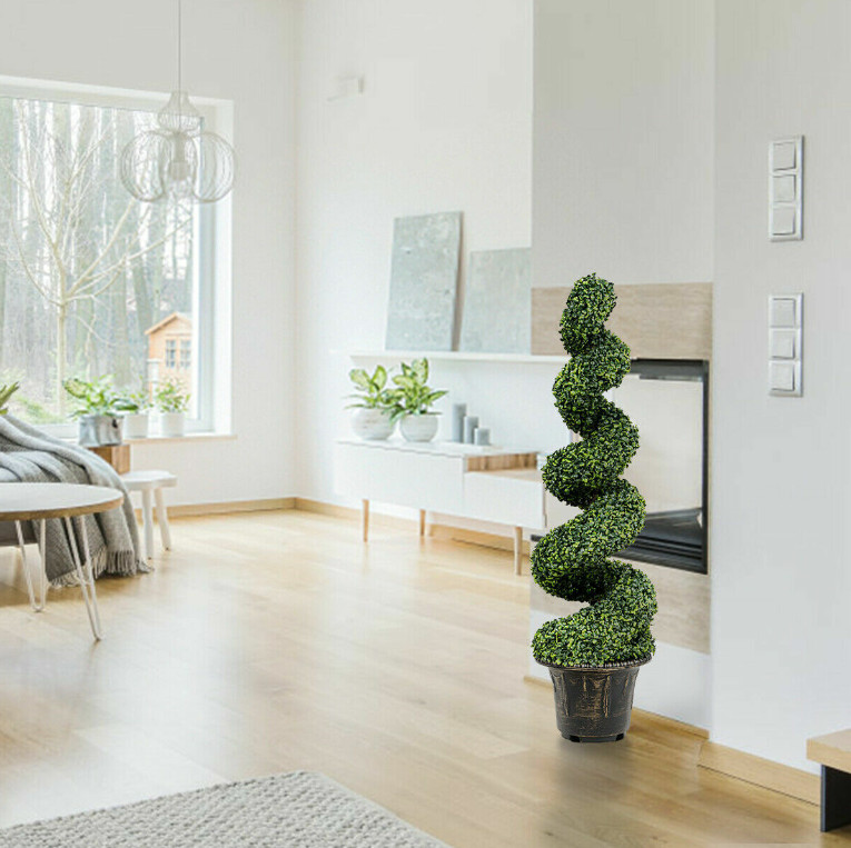 2Pcs 4FT Artificial Boxwood Spiral Tree W/Realistic Leaves Indoor Outdoor Office